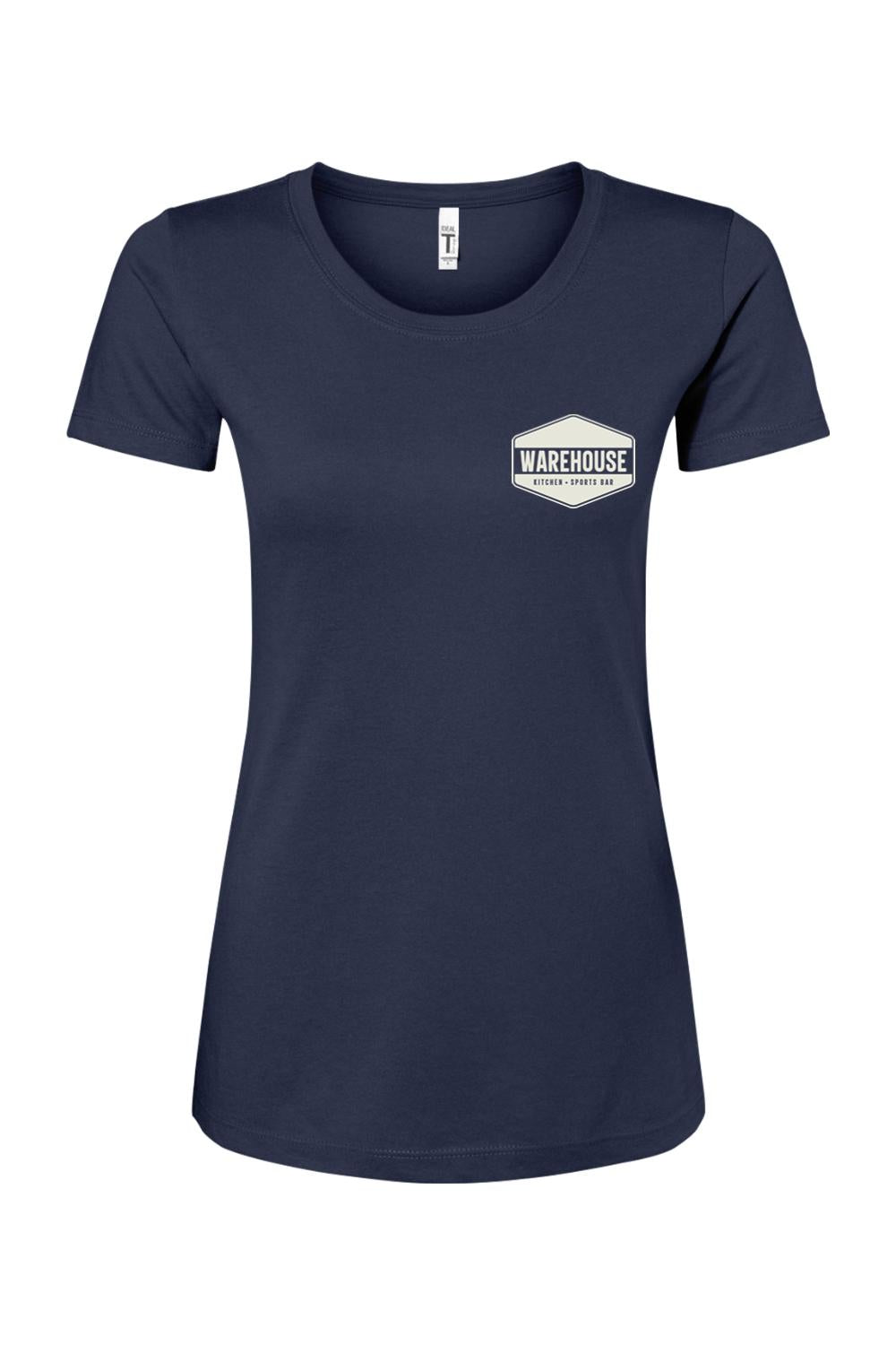 Navy blue women's cotton blend crewneck t-shirt featuring a white Warehouse Kitchen & Sports Bar chest logo.