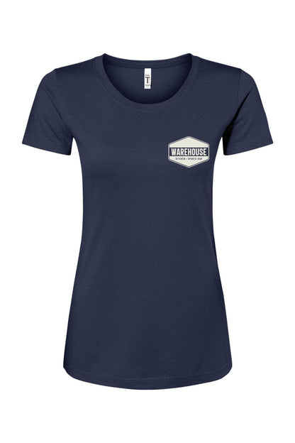 Navy blue women's cotton blend crewneck t-shirt featuring a white Warehouse Kitchen & Sports Bar chest logo.
