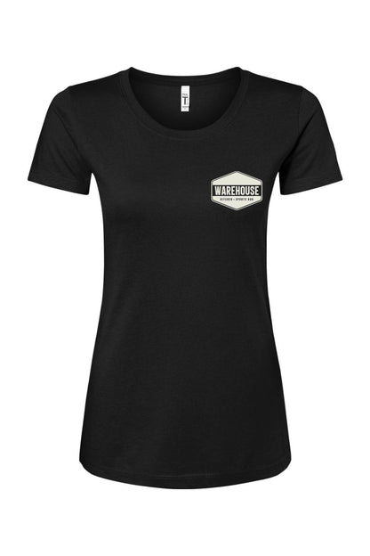 Black women's cotton blend t-shirt featuring a white Warehouse Kitchen & Sports Bar chest logo.