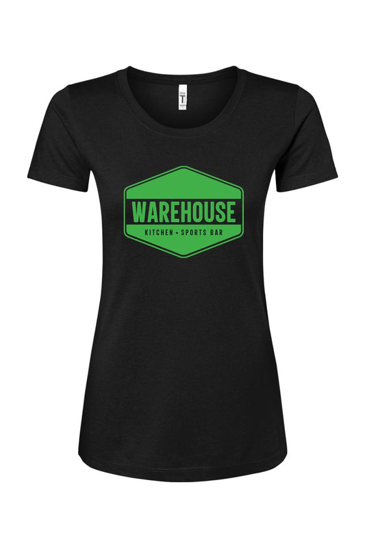 Women's black cotton blend t-shirt featuring a green Warehouse Kitchen and Sports Bar hexagonal logo graphic.