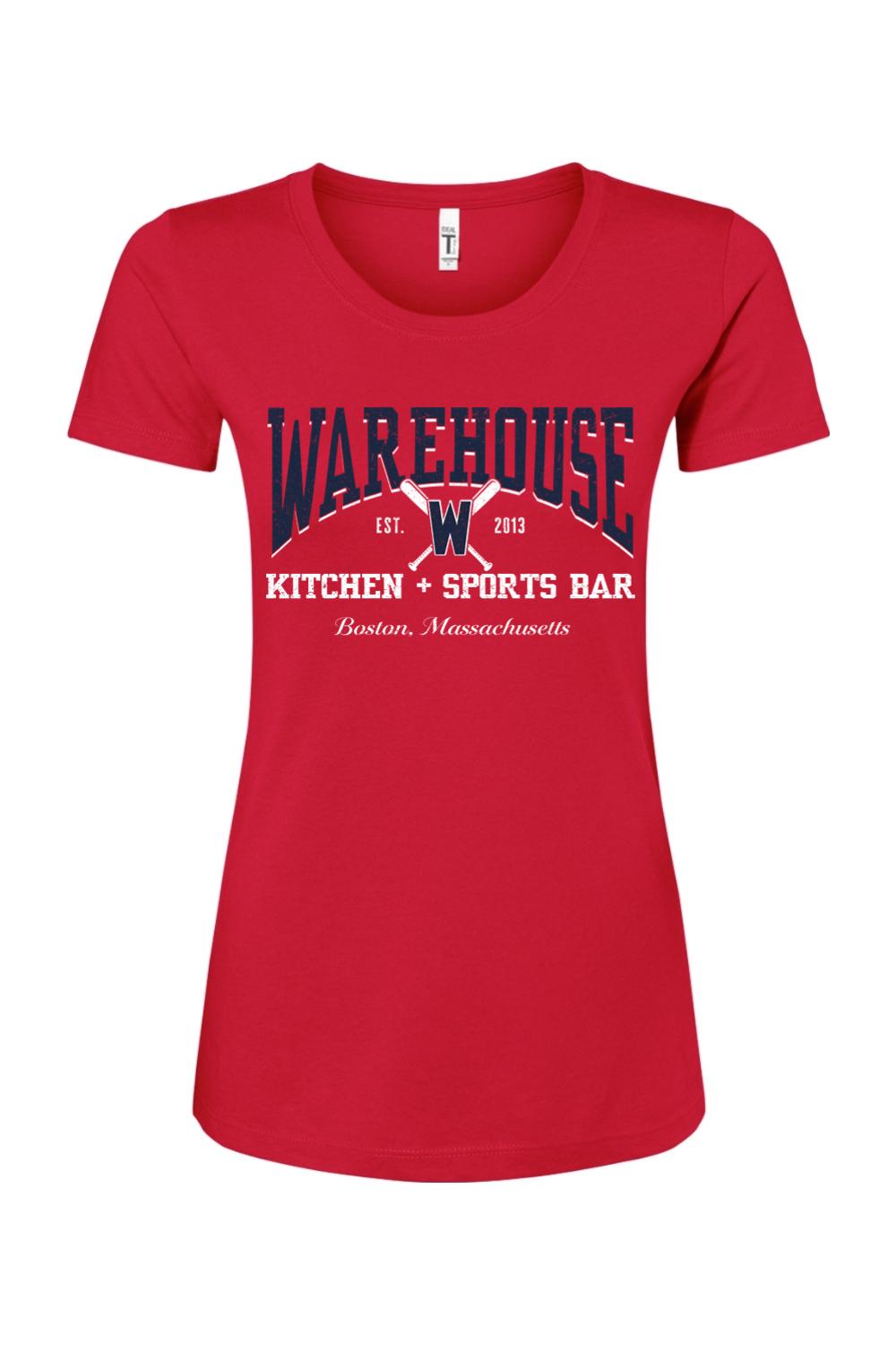 Red women's cotton blend baseball t-shirt featuring a Warehouse Kitchen + Sports Bar logo with crossed bats.