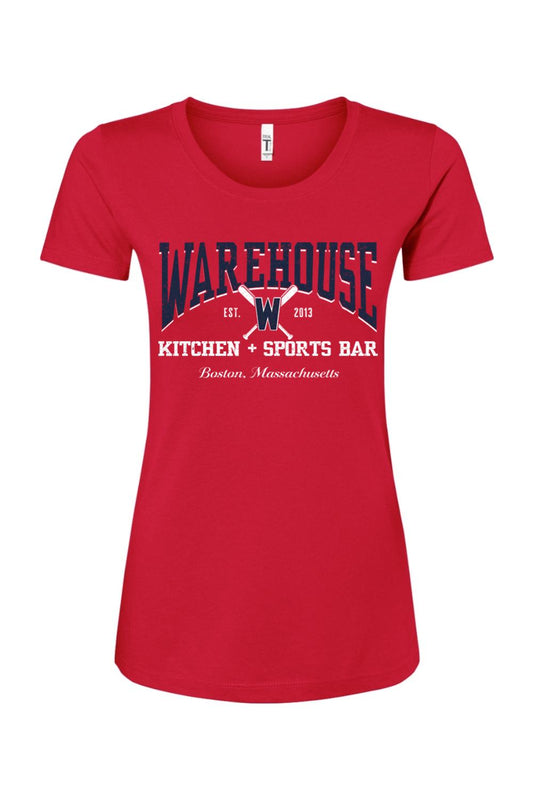 Red women's cotton blend baseball t-shirt featuring a Warehouse Kitchen + Sports Bar logo with crossed bats.