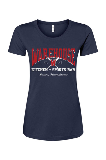 Navy blue women's cotton blend baseball t-shirt featuring a red and white Warehouse Kitchen + Sports Bar logo.