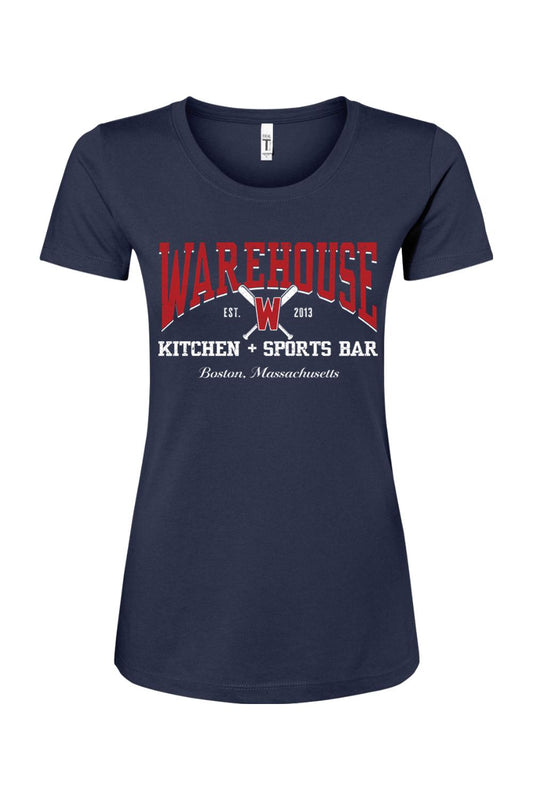 Navy blue women's cotton blend baseball t-shirt featuring a red and white Warehouse Kitchen + Sports Bar logo.
