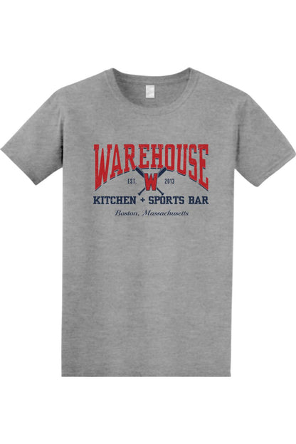 Grey cotton baseball t-shirt featuring a red and blue Warehouse Kitchen + Sports Bar logo with crossed bats.