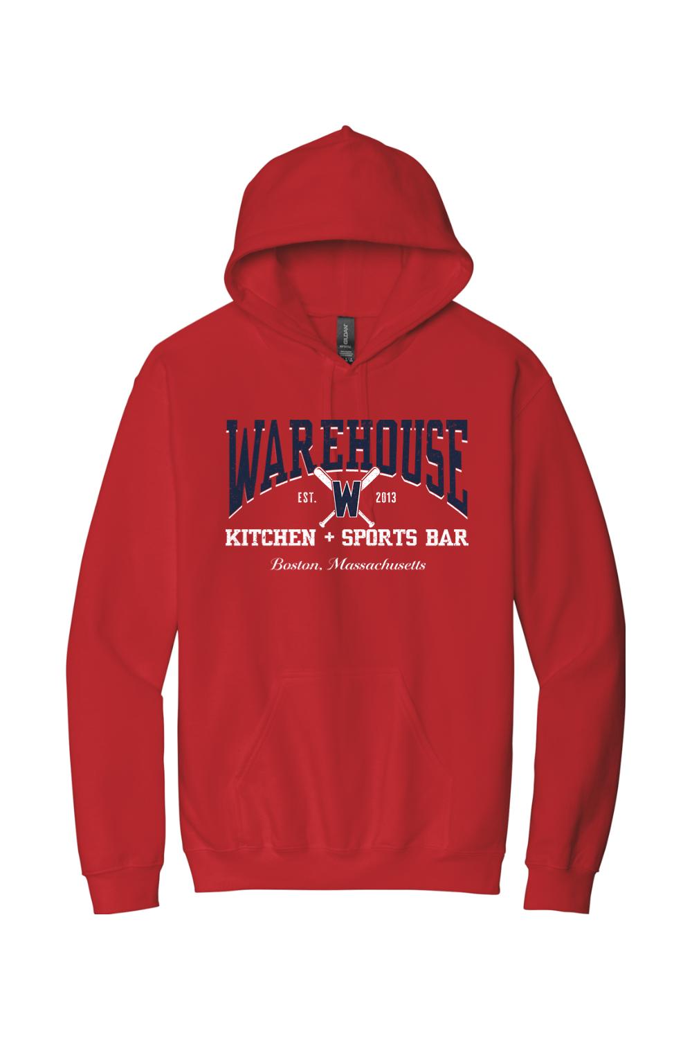 Red unisex cotton hoodie featuring a Warehouse Kitchen + Sports Bar logo with crossed baseball bats on the chest.