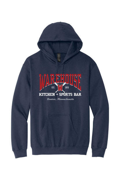 Navy blue unisex pullover hoodie with Warehouse Kitchen + Sports Bar logo and crossed baseball bats graphic.