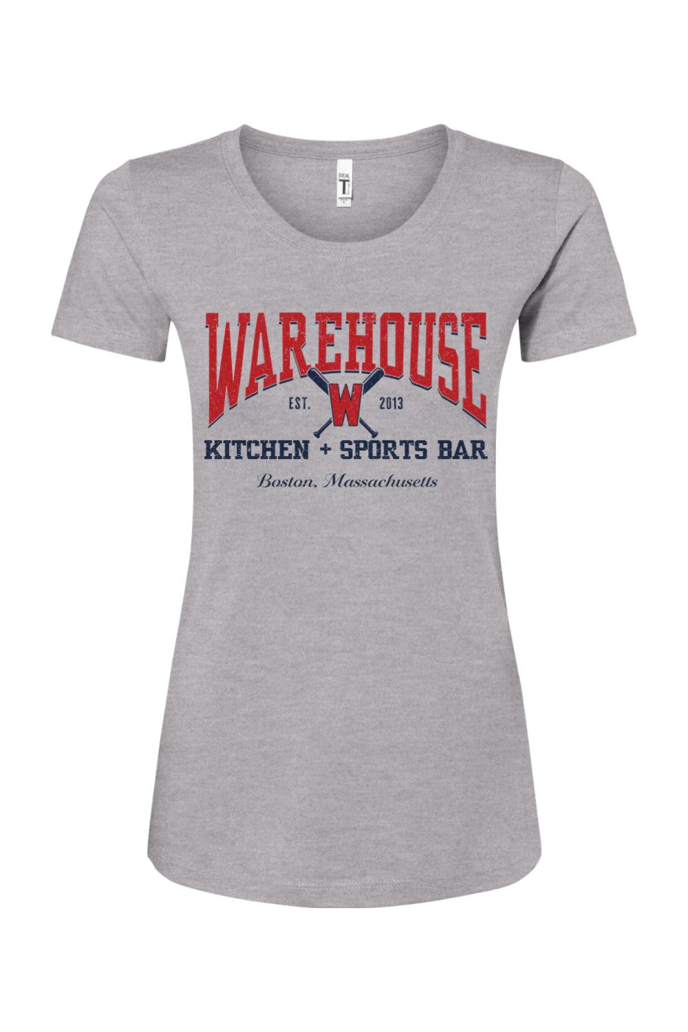 Women's grey cotton blend baseball t-shirt with red and navy Warehouse Kitchen + Sports Bar logo graphic.