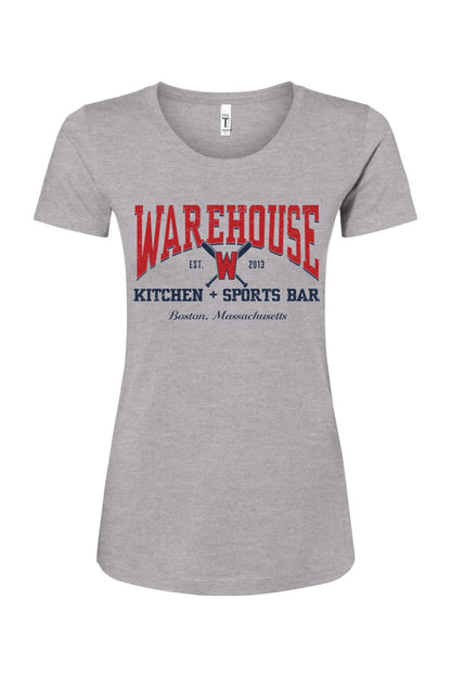 Women's grey cotton blend baseball t-shirt with red and navy Warehouse Kitchen + Sports Bar logo graphic.