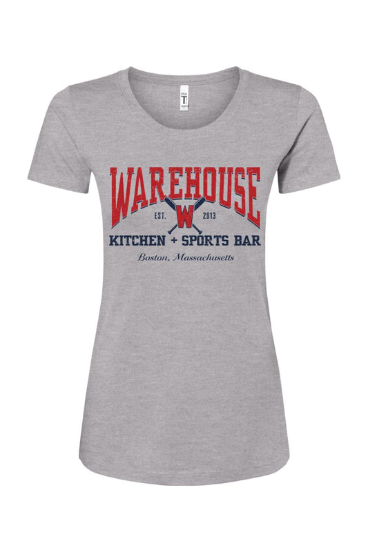 Women's grey cotton blend baseball t-shirt with red and navy Warehouse Kitchen + Sports Bar logo graphic.