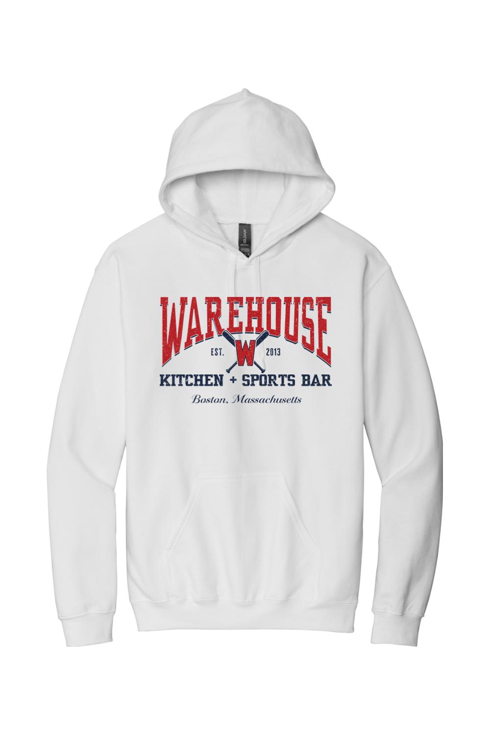 White unisex cotton hoodie featuring a red and navy Warehouse Kitchen + Sports Bar baseball graphic on the chest.