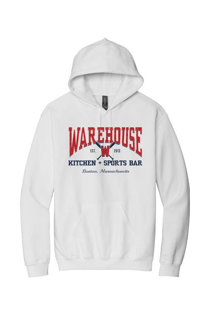 White unisex cotton hoodie featuring a red and navy Warehouse Kitchen + Sports Bar baseball graphic on the chest.