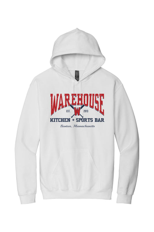 White unisex cotton hoodie featuring a red and navy Warehouse Kitchen + Sports Bar baseball graphic on the chest.