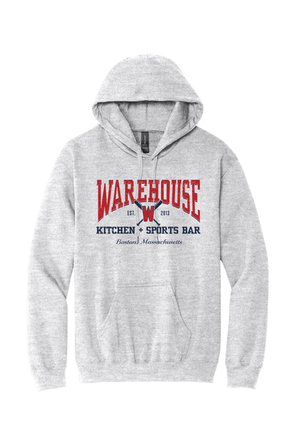 Grey unisex hoodie featuring a red and navy Warehouse Kitchen + Sports Bar baseball graphic on the front.