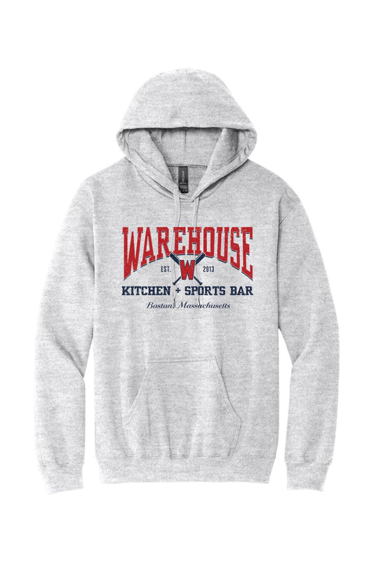 Grey unisex hoodie featuring a red and navy Warehouse Kitchen + Sports Bar baseball graphic on the front.