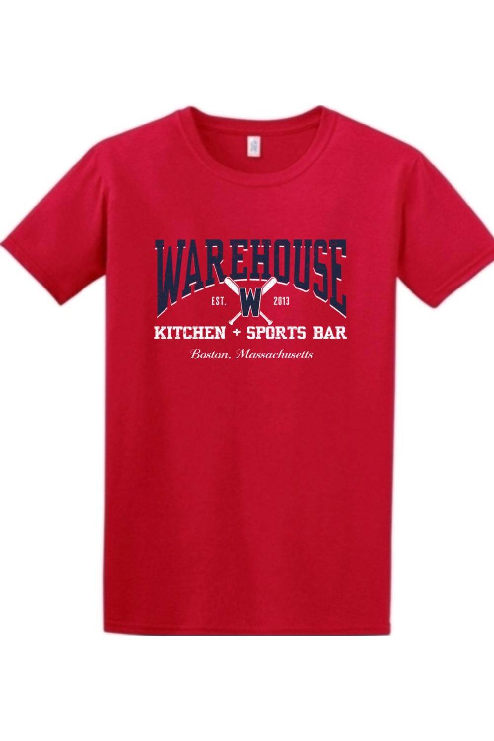 Red cotton relaxed-fit t-shirt featuring a Warehouse Kitchen + Sports Bar graphic with crossed baseball bats.
