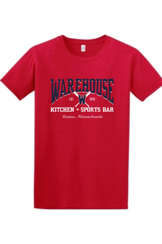 Red cotton relaxed-fit t-shirt featuring a Warehouse Kitchen + Sports Bar graphic with crossed baseball bats.