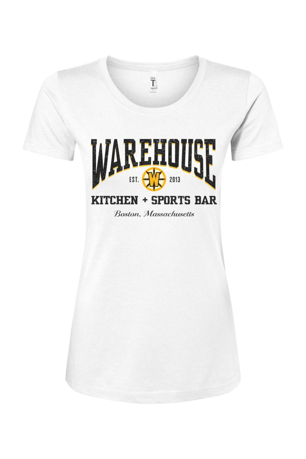 Women's white cotton blend t-shirt featuring a black and gold Warehouse Kitchen + Sports Bar Boston graphic logo.