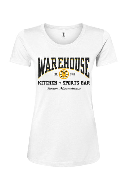 Women's white cotton blend t-shirt featuring a black and gold Warehouse Kitchen + Sports Bar Boston graphic logo.