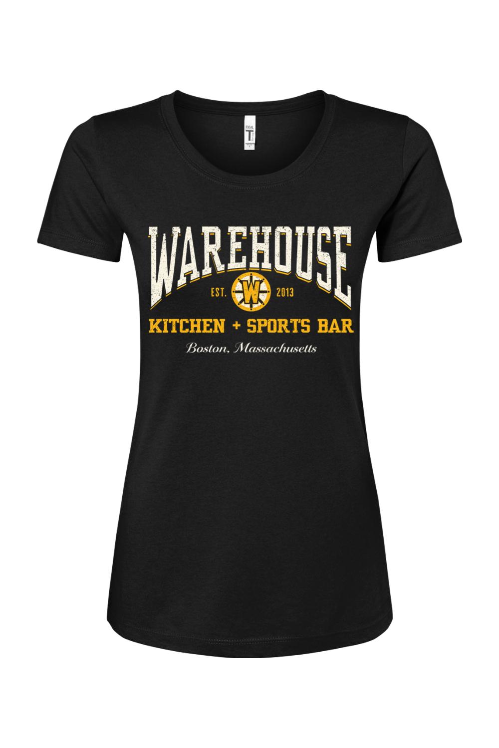 Women's black cotton blend t-shirt featuring Warehouse Kitchen + Sports Bar Boston logo in gold and white print.