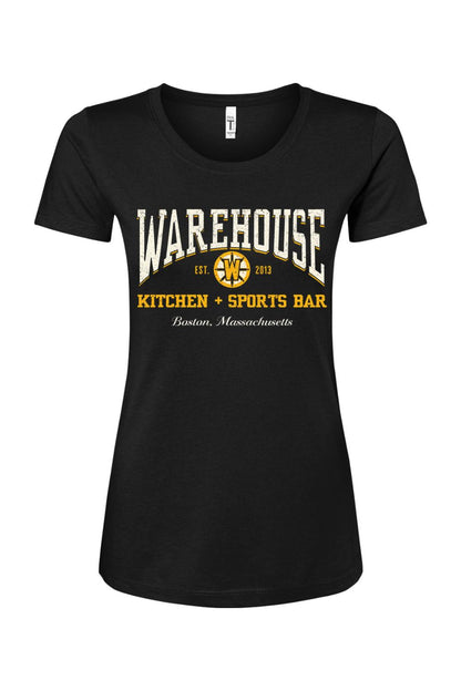 Women's black cotton blend t-shirt featuring Warehouse Kitchen + Sports Bar Boston logo in gold and white print.