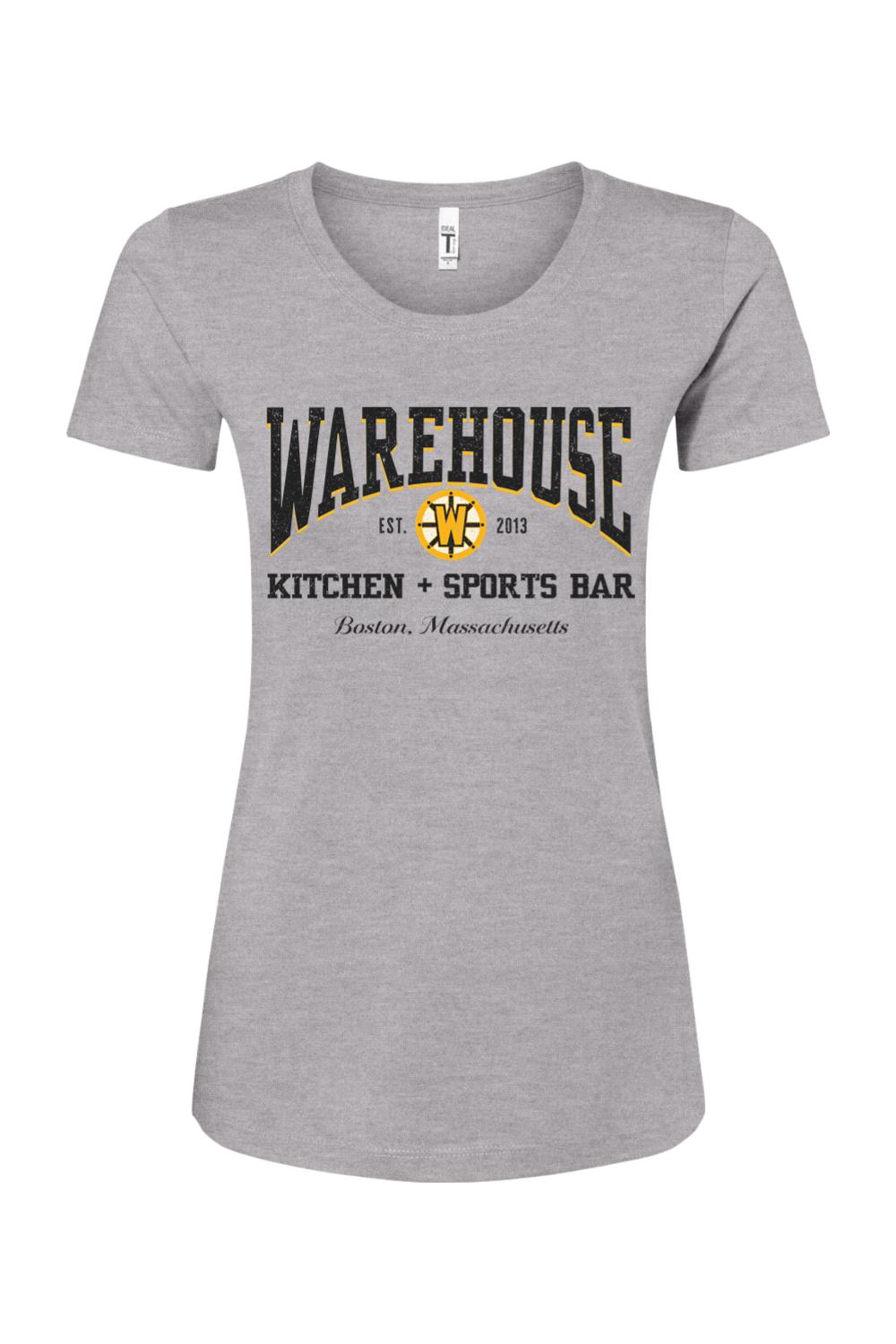 Women's heather gray cotton blend t-shirt featuring a black and gold Warehouse Kitchen + Sports Bar Boston logo.