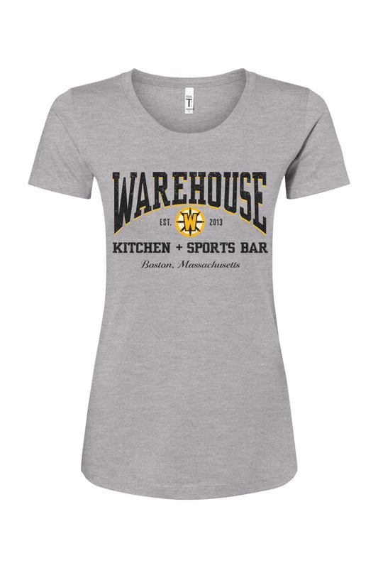 Women's heather gray cotton blend t-shirt featuring a black and gold Warehouse Kitchen + Sports Bar Boston logo.