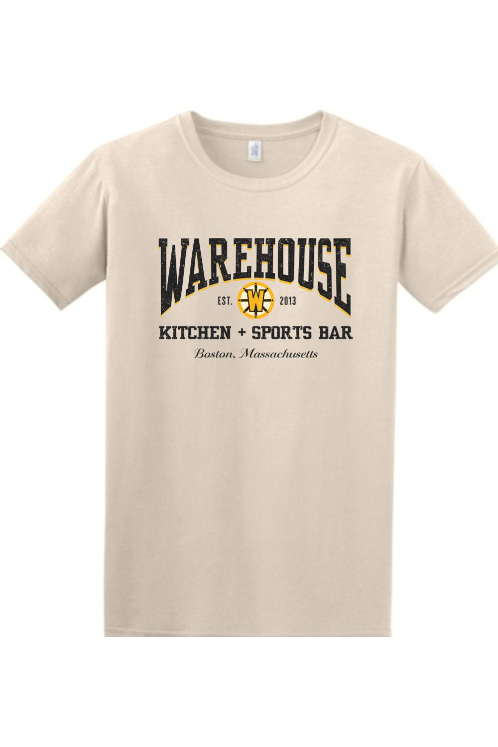Beige cotton t-shirt featuring a black and gold Warehouse Kitchen + Sports Bar Boston logo graphic.