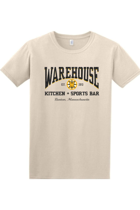 Beige cotton t-shirt featuring a black and gold Warehouse Kitchen + Sports Bar Boston logo graphic.