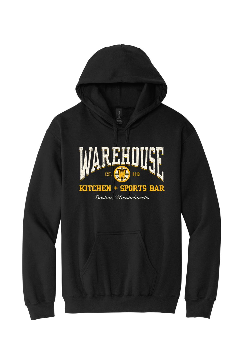Black cotton-blend hoodie featuring Warehouse Kitchen + Sports Bar Boston logo in gold and white print.