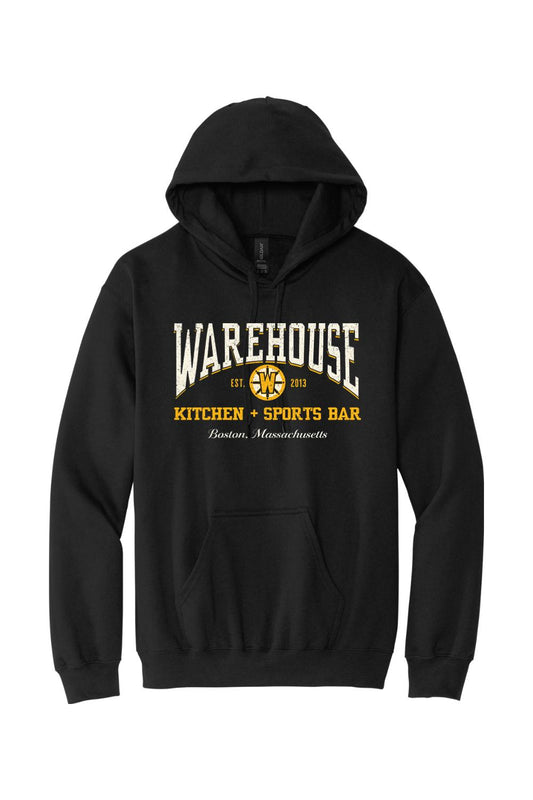 Black cotton-blend hoodie featuring Warehouse Kitchen + Sports Bar Boston logo in gold and white print.