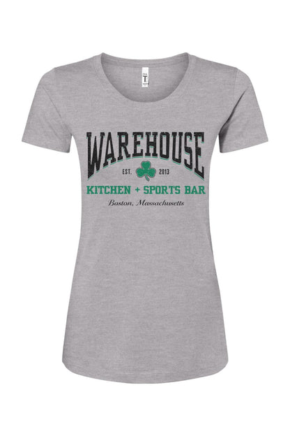 Women's grey cotton blend t-shirt featuring a Warehouse Kitchen + Sports Bar Boston logo with a green clover graphic.