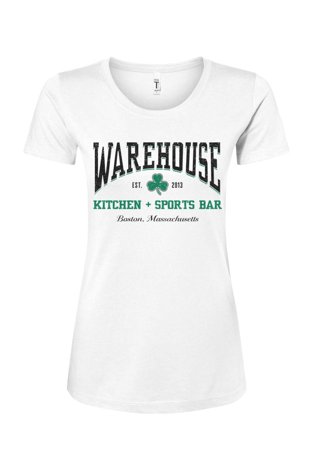 Women's white cotton blend t-shirt with Warehouse Kitchen + Sports Bar Boston logo and green clover graphic.