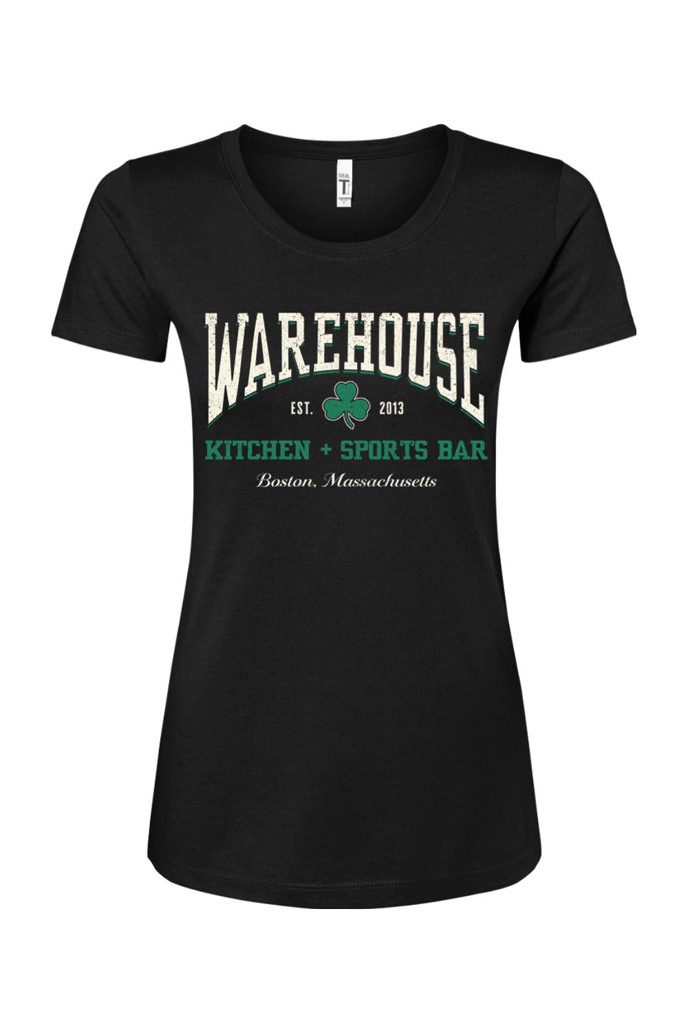 Women's black cotton blend t-shirt featuring a Warehouse Kitchen + Sports Bar Boston logo with a green clover graphic.