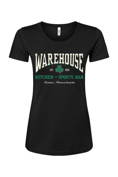 Women's black cotton blend t-shirt featuring a Warehouse Kitchen + Sports Bar Boston logo with a green clover graphic.