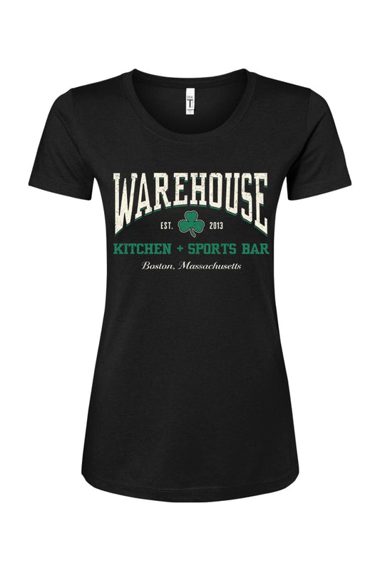 Women's black cotton blend t-shirt featuring a Warehouse Kitchen + Sports Bar Boston logo with a green clover graphic.