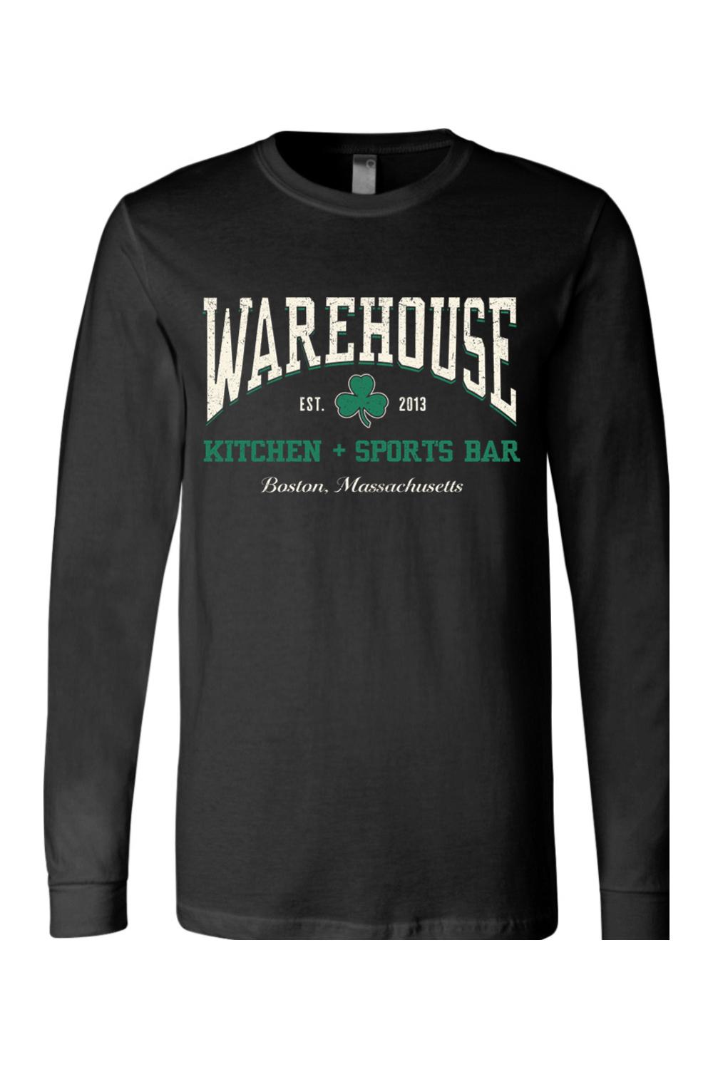 Black long-sleeve cotton t-shirt featuring a white and green Warehouse Kitchen + Sports Bar Boston logo.