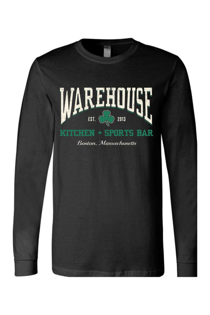 Black long-sleeve cotton t-shirt featuring a white and green Warehouse Kitchen + Sports Bar Boston logo.