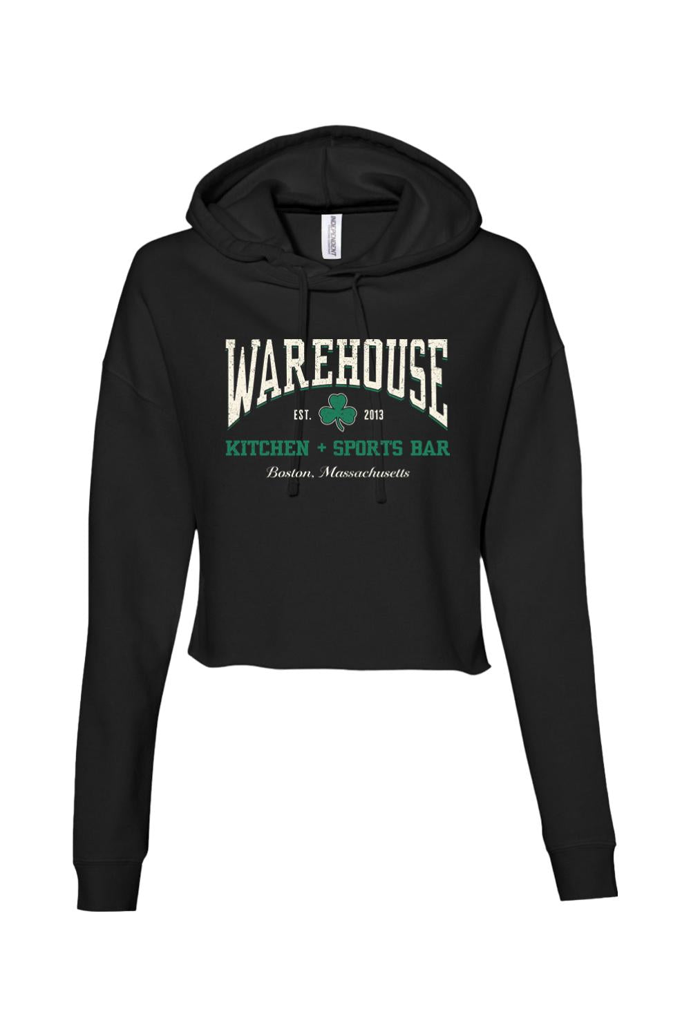 Black cropped hoodie featuring a green clover and Warehouse Kitchen + Sports Bar Boston logo graphic.