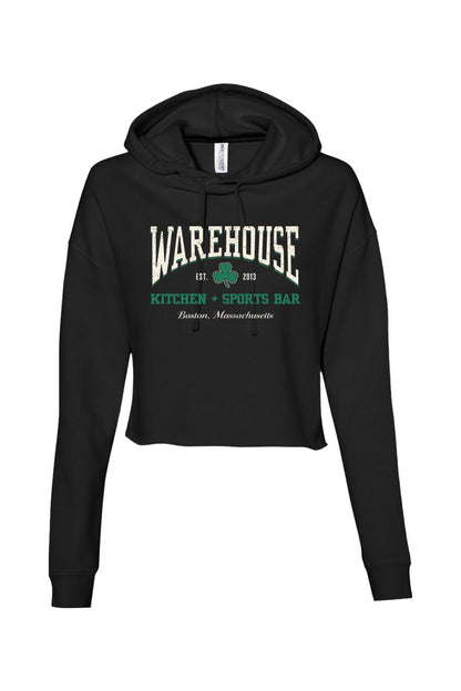 Black cropped hoodie featuring a green clover and Warehouse Kitchen + Sports Bar Boston logo graphic.