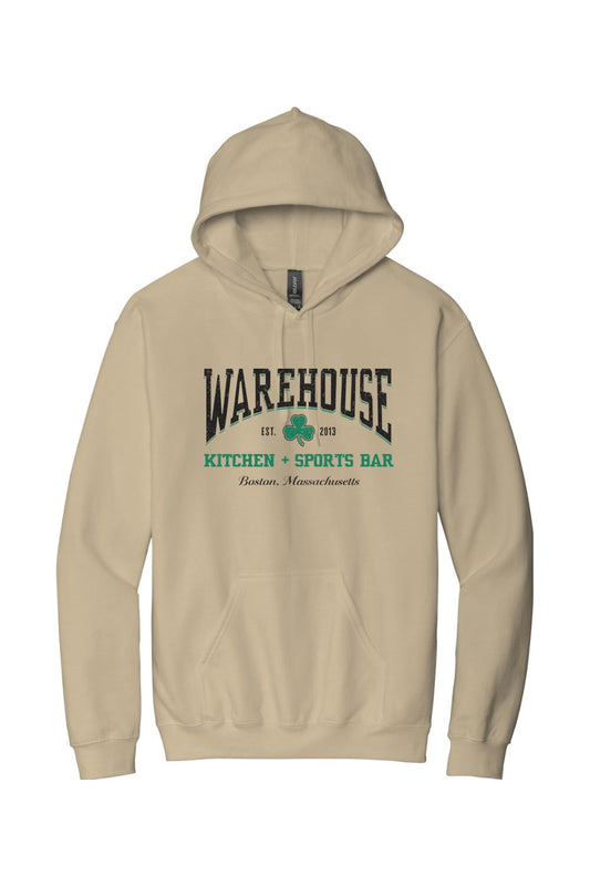 Sand-colored men's hoodie with a Warehouse Kitchen + Sports Bar Boston clover graphic, pouch pocket, and drawstring hood.