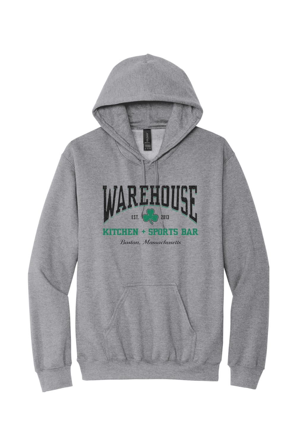 Sport grey cotton-blend hoodie with a Warehouse Kitchen + Sports Bar Boston clover logo and front pouch pocket.