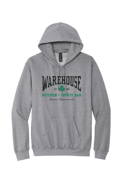 Sport grey cotton-blend hoodie with a Warehouse Kitchen + Sports Bar Boston clover logo and front pouch pocket.