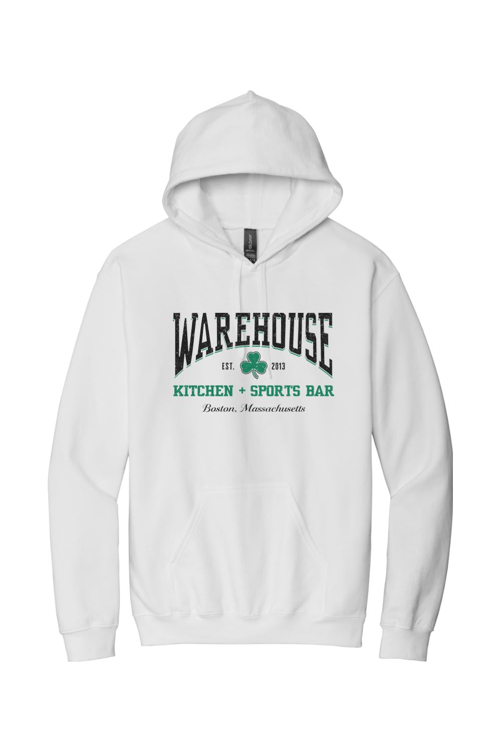 White cotton-blend pullover hoodie featuring a Warehouse Kitchen + Sports Bar Boston logo with a green clover graphic.