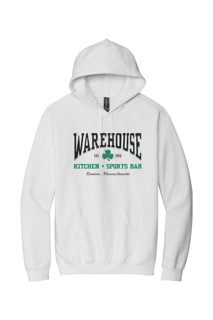 White cotton-blend pullover hoodie featuring a Warehouse Kitchen + Sports Bar Boston logo with a green clover graphic.