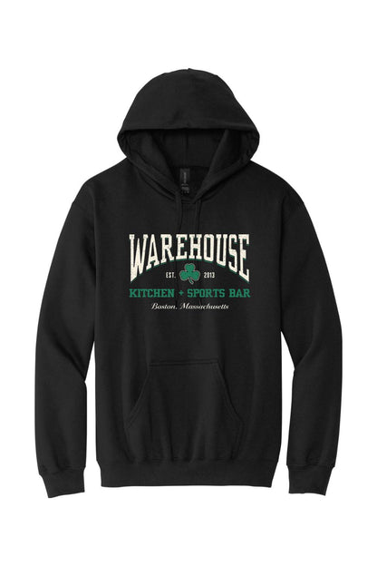 Black cotton-blend pullover hoodie featuring a white and green Warehouse Kitchen + Sports Bar Boston logo.