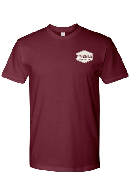 Men's maroon cotton crewneck t-shirt featuring a Warehouse Kitchen + Sports Bar logo on the chest.