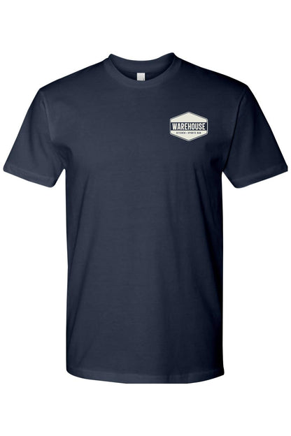 Navy blue men's cotton t-shirt featuring a white Warehouse Kitchen + Sports Bar logo on the left chest.