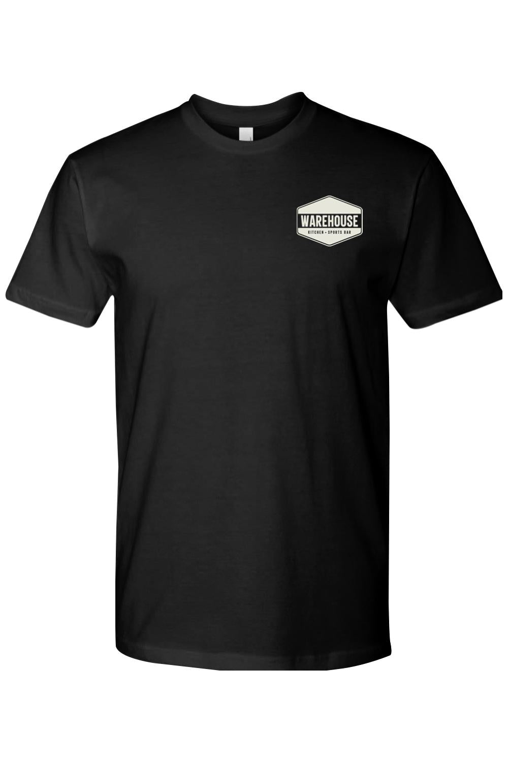 Black men's cotton t-shirt featuring a white Warehouse Kitchen + Sports Bar logo on the left chest.