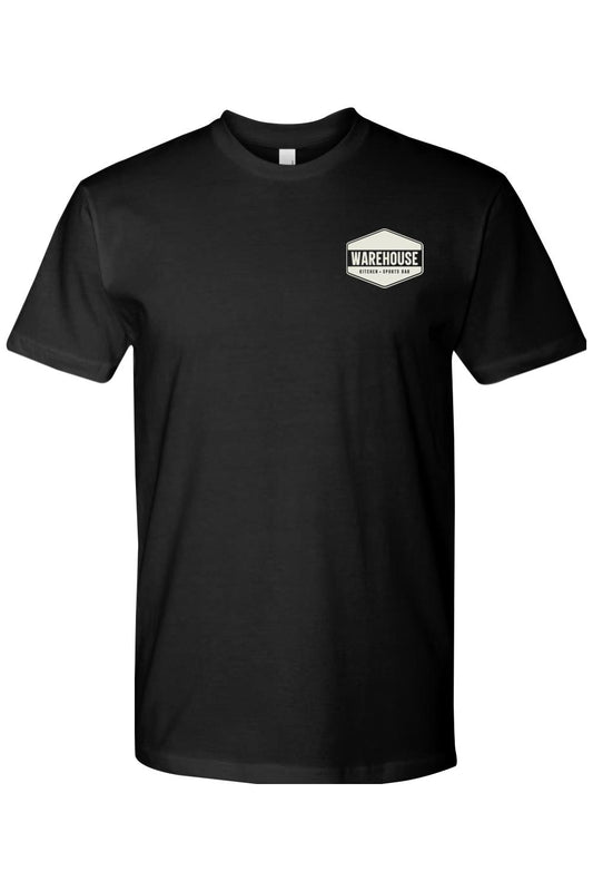 Black men's cotton t-shirt featuring a white Warehouse Kitchen + Sports Bar logo on the left chest.